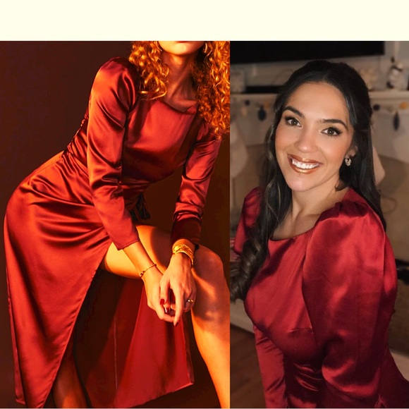 Reformation Red Silk Puff BoatNeck Midi: PRINCESSCORE COTTAGECORE ROYALCORE - Picture 3 of 15